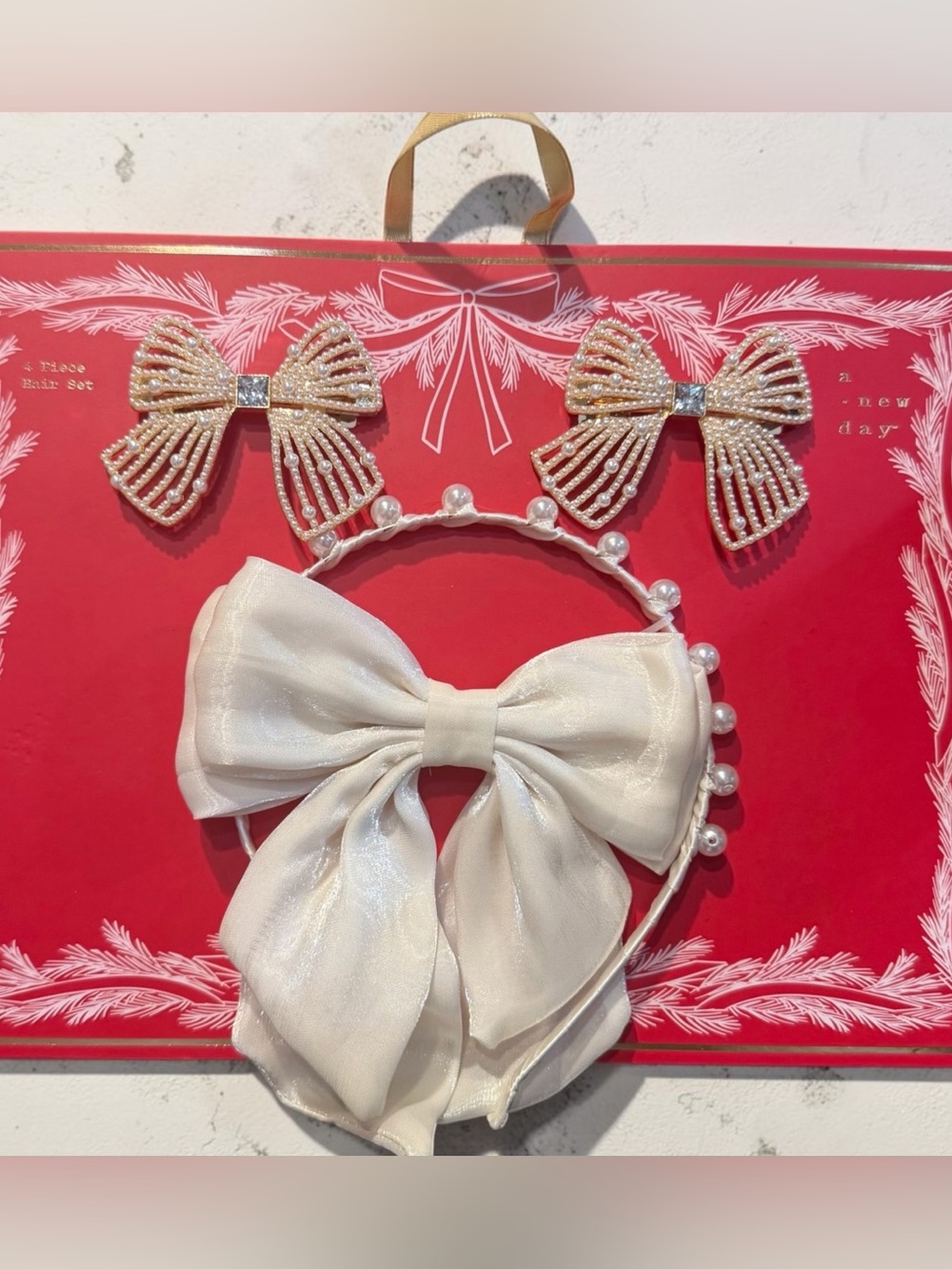 a new day Ivory Pearl Bow Headband with Gold Beaded Bow Clips Set